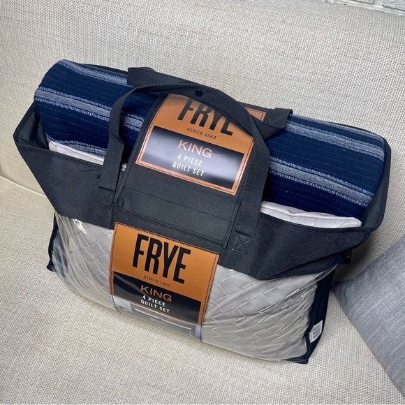 Frye King 4 Piece Quilt Set Navy Blue Striped NWT - Picture 3 of 7